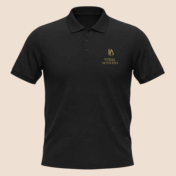 PUNJAB BOLDA black pique cotton polo shirt with gold VIRSA NEVER DIES embroidery and a 3-button placket.