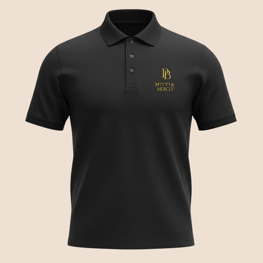 PUNJAB BOLDA black cotton polo shirt with MITTI AND MUSCLE gold logo embroidery and 3-button placket.