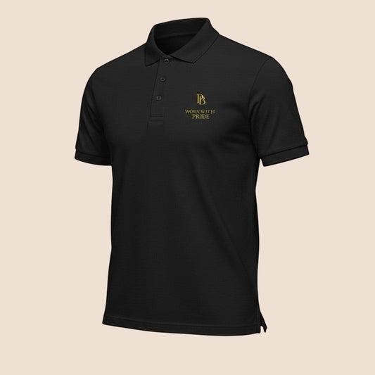 PUNJAB BOLDA black cotton polo shirt with WORN WITH PRIDE gold embroidery, ribbed collar, and 3-button placket.