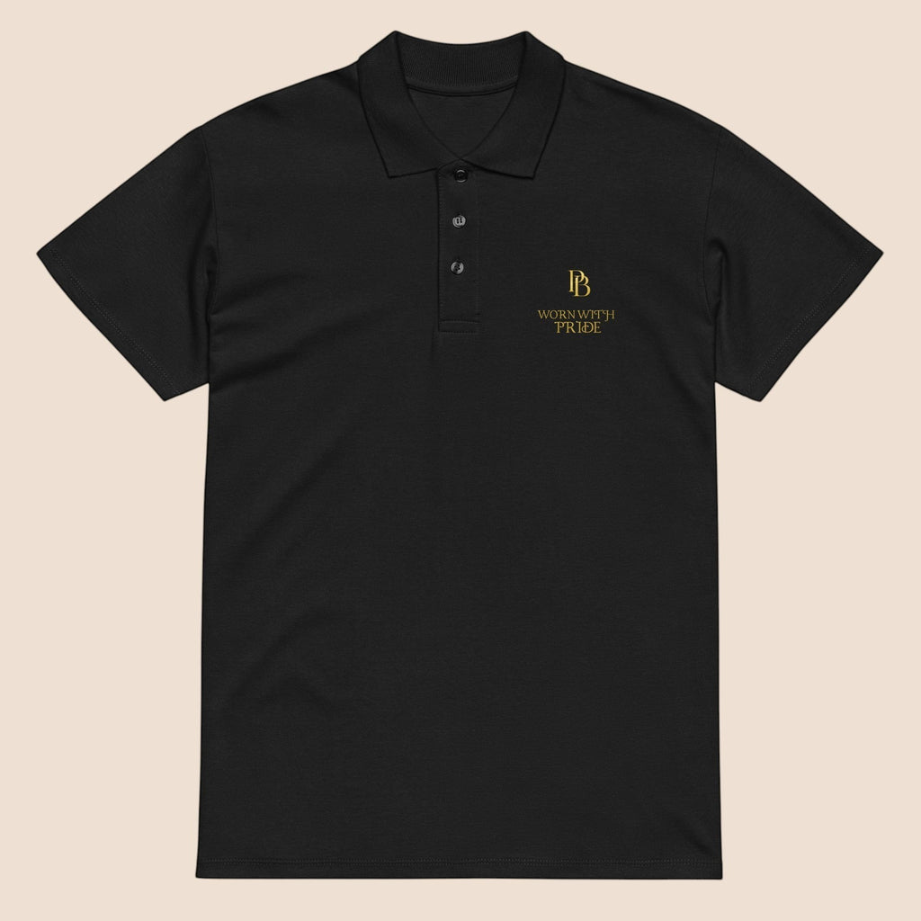 PUNJAB BOLDA black cotton polo shirt with WORN WITH PRIDE gold embroidery, ribbed collar, and 3-button placket.