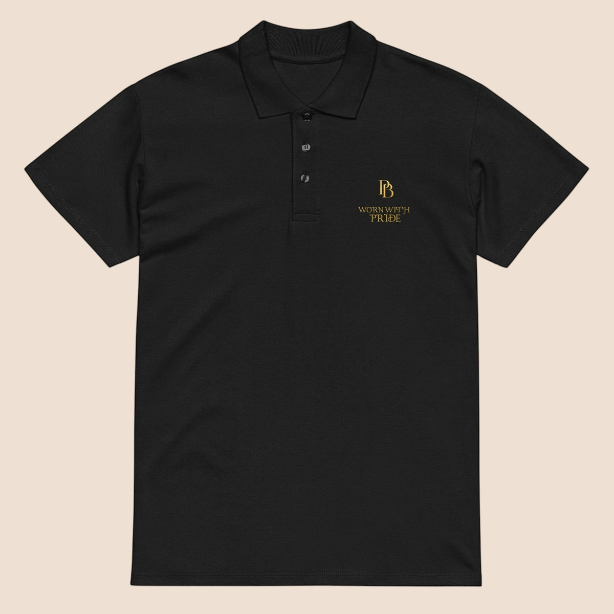 PUNJAB BOLDA black cotton polo shirt with WORN WITH PRIDE gold embroidery, ribbed collar, and 3-button placket.