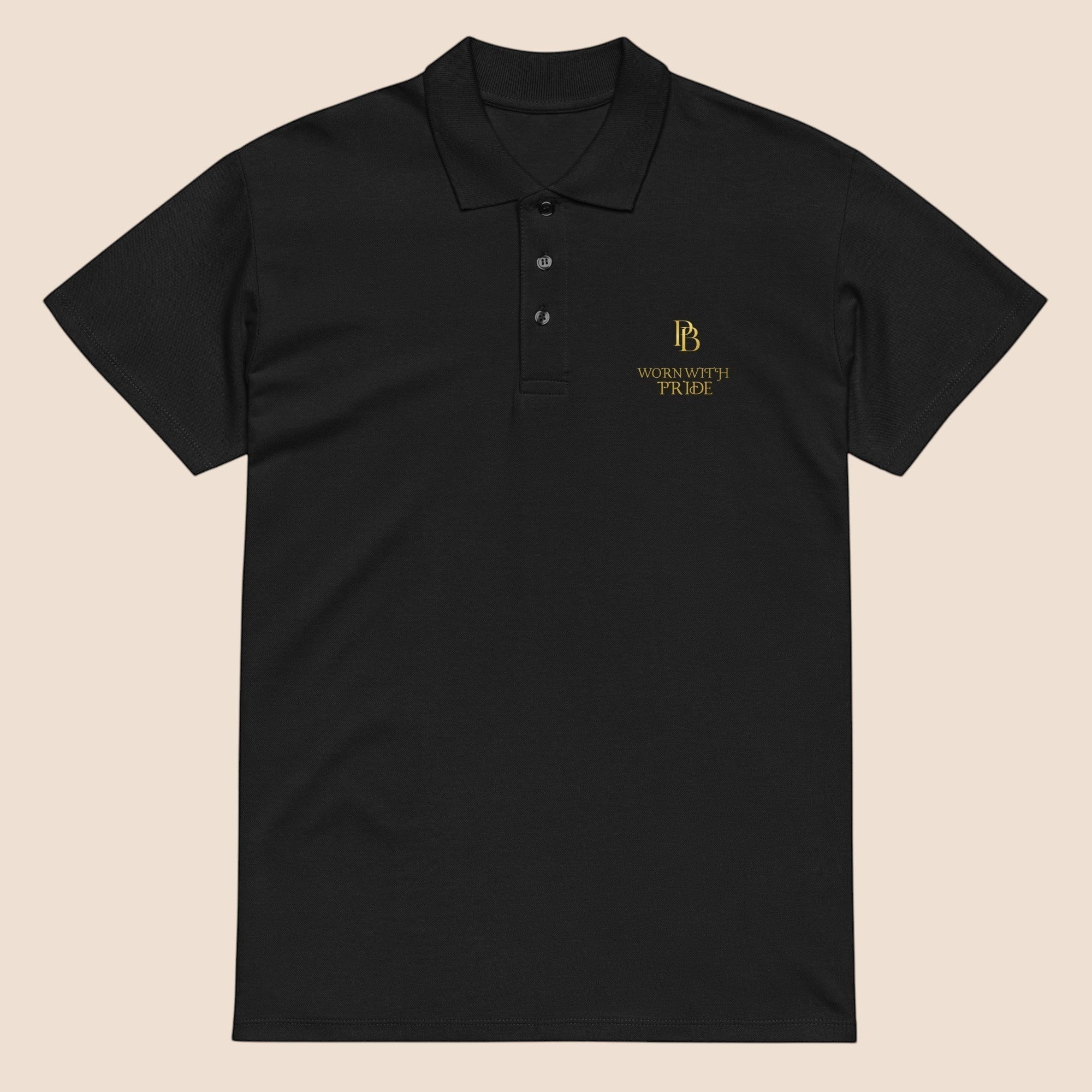 PUNJAB BOLDA black cotton polo shirt with WORN WITH PRIDE gold embroidery, ribbed collar, and 3-button placket.