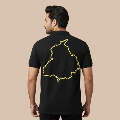 PUNJAB BOLDA black cotton pique polo shirt with Punjab map outline on back. Classic fit with ribbed collar.