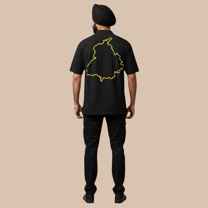 PUNJAB BOLDA black cotton t-shirt with yellow Punjab map outline on back. Classic fit, crew neck.