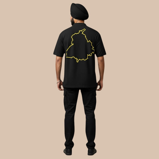 PUNJAB BOLDA black cotton t-shirt with yellow Punjab map outline on back. Classic fit, crew neck.