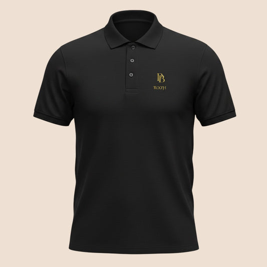 PUNJAB BOLDA black ROOH premium pique polo shirt with gold logo embroidery, ribbed collar, and 3-button placket.