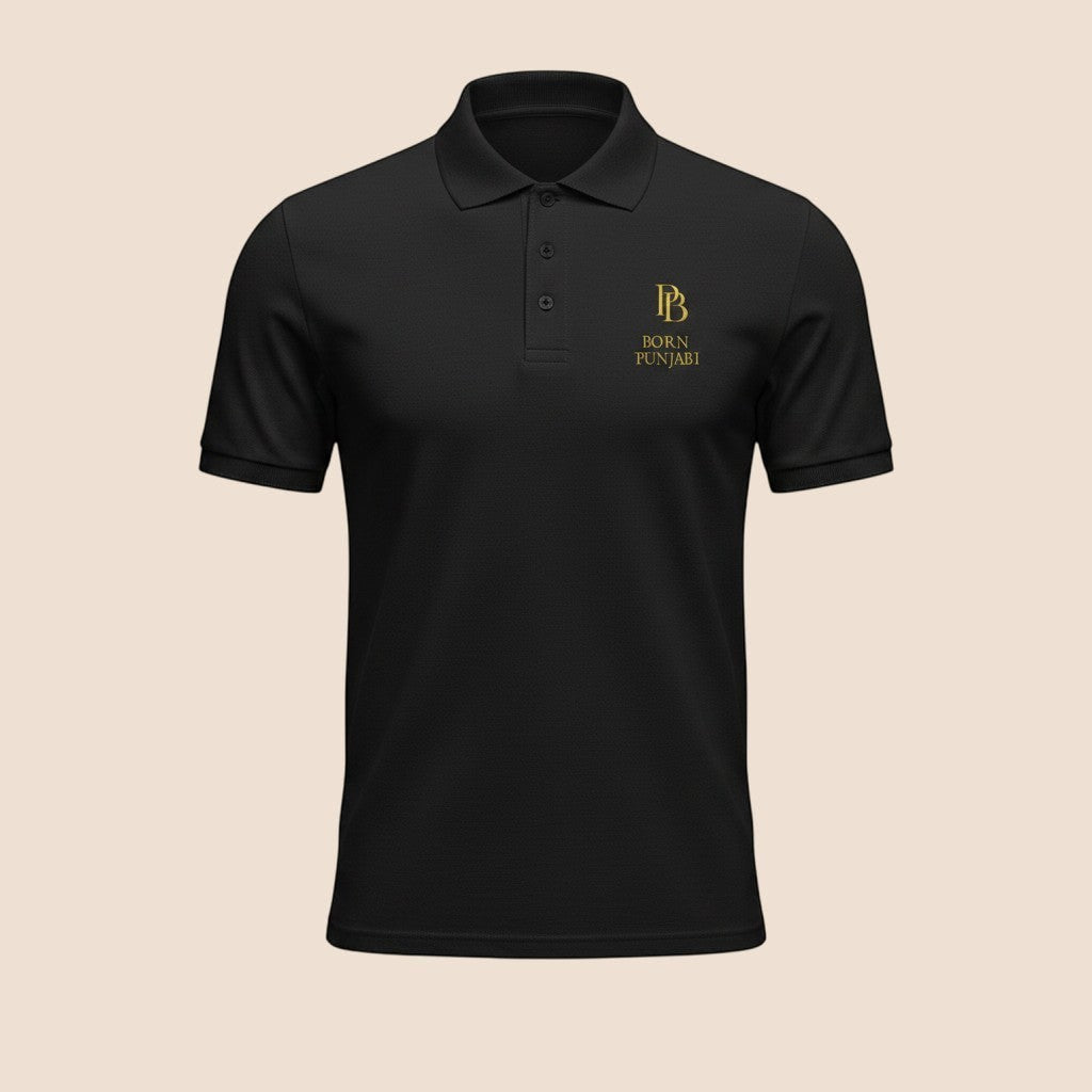 PUNJAB BOLDA black BORN PUNJABI premium pique cotton polo shirt with gold logo embroidery and 3-button placket.