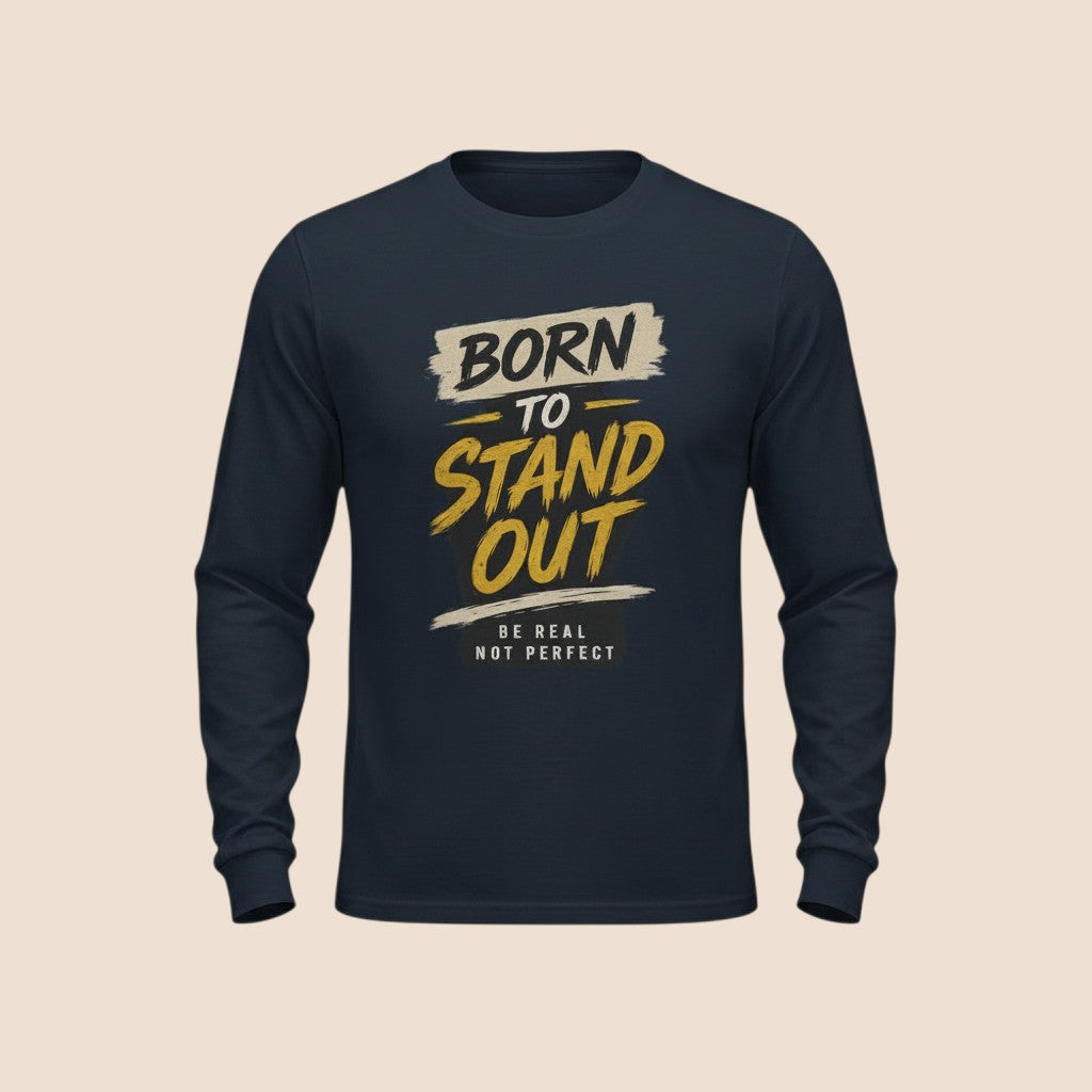 PUNJAB BOLDA navy blue cotton long sleeve shirt with Born To Stand Out graphic print and rib cuffs.