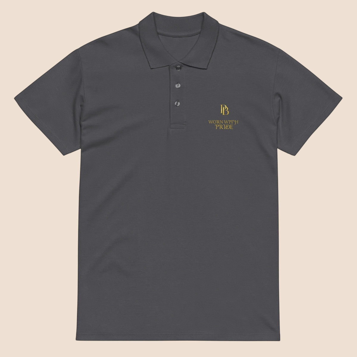 PUNJAB BOLDA charcoal grey cotton polo shirt with WORN WITH PRIDE embroidery, ribbed collar, and 3-button placket.