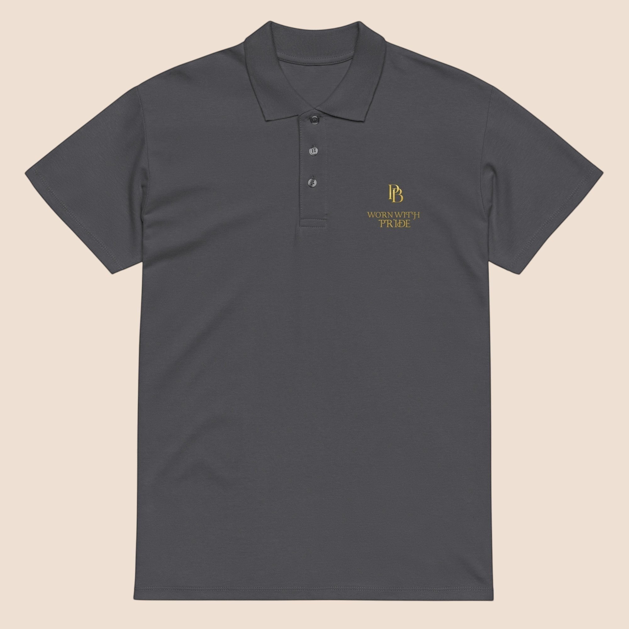 PUNJAB BOLDA charcoal grey cotton polo shirt with WORN WITH PRIDE embroidery, ribbed collar, and 3-button placket.