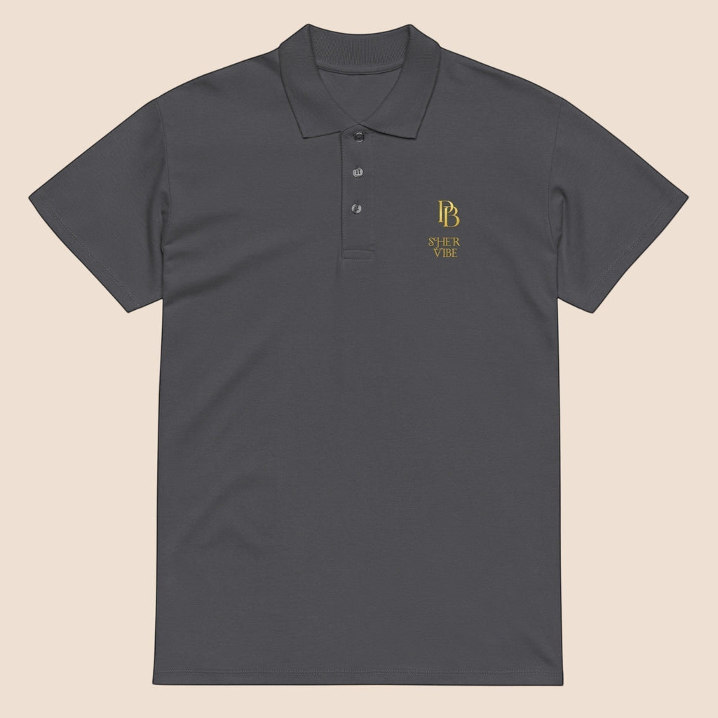PUNJAB BOLDA charcoal grey pique polo shirt with gold embroidered SHER VIBE logo, ribbed collar, and 3-button placket.