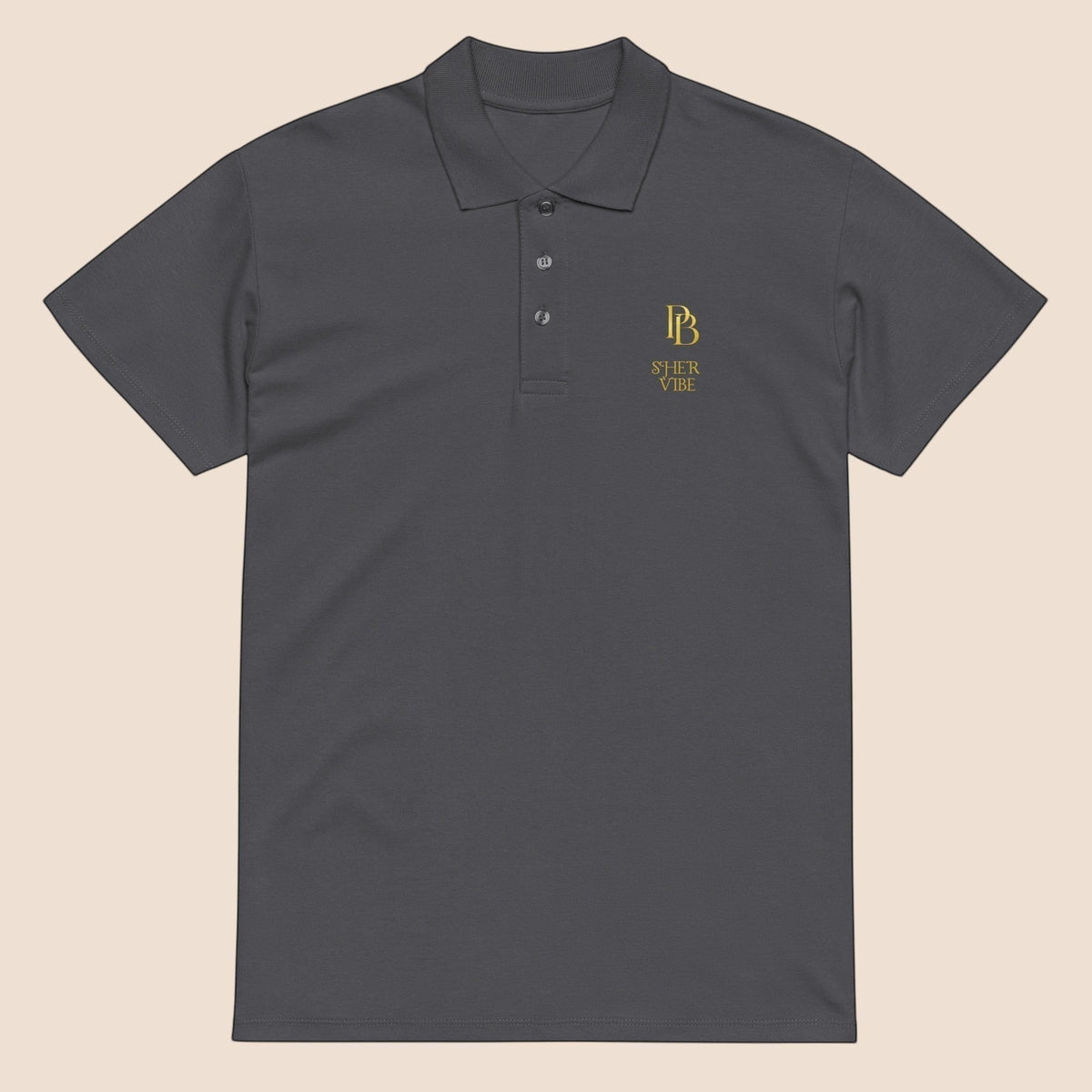 PUNJAB BOLDA charcoal grey pique polo shirt with gold embroidered SHER VIBE logo, ribbed collar, and 3-button placket.