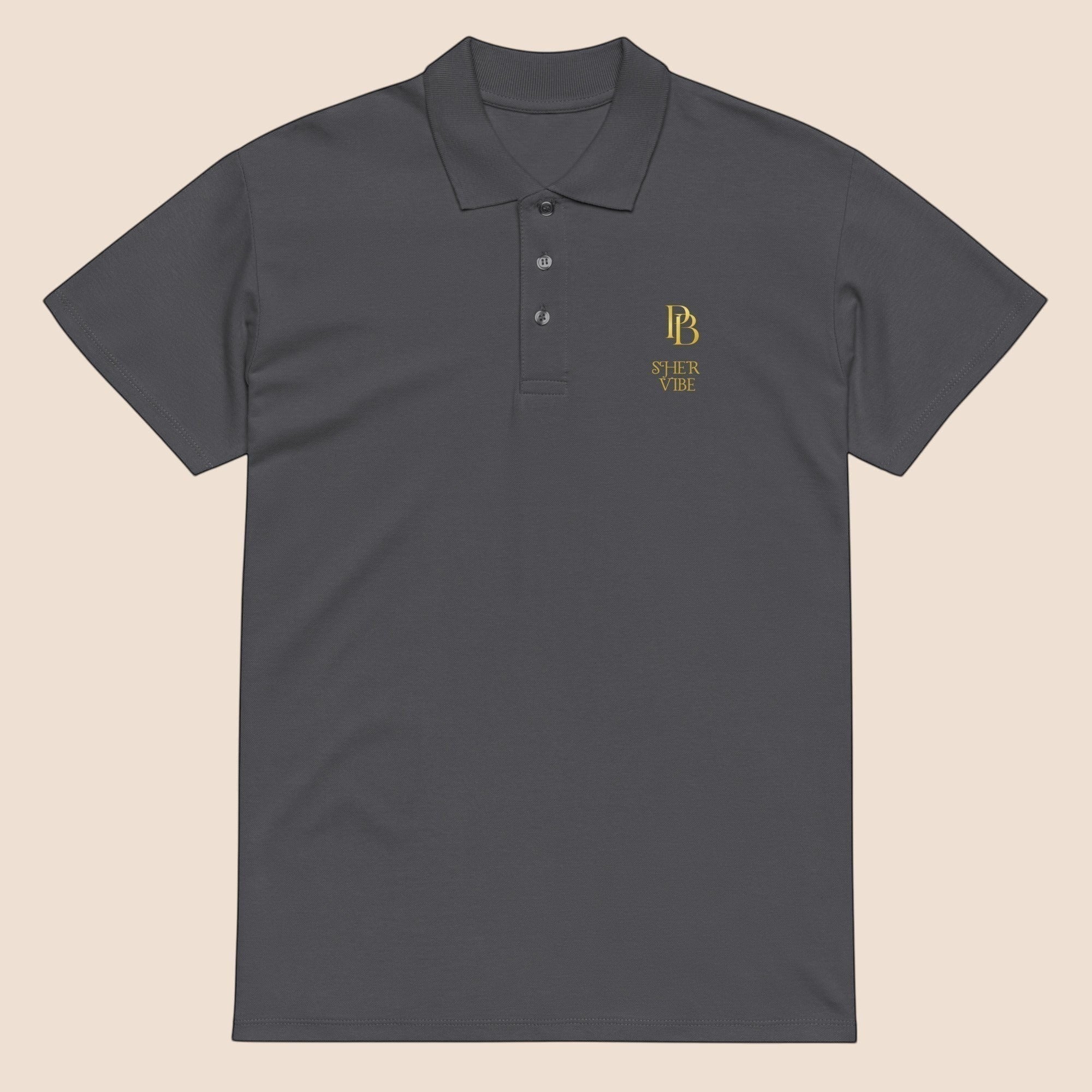 PUNJAB BOLDA charcoal grey pique polo shirt with gold embroidered SHER VIBE logo, ribbed collar, and 3-button placket.