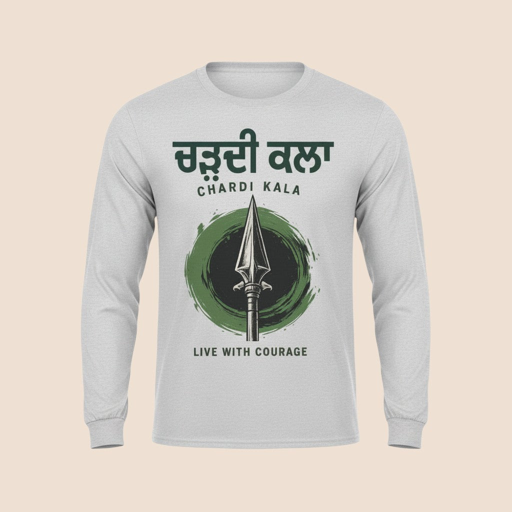 PUNJAB BOLDA white long sleeve cotton shirt with Chardi Kala graphic print and Khanda symbol on the chest.