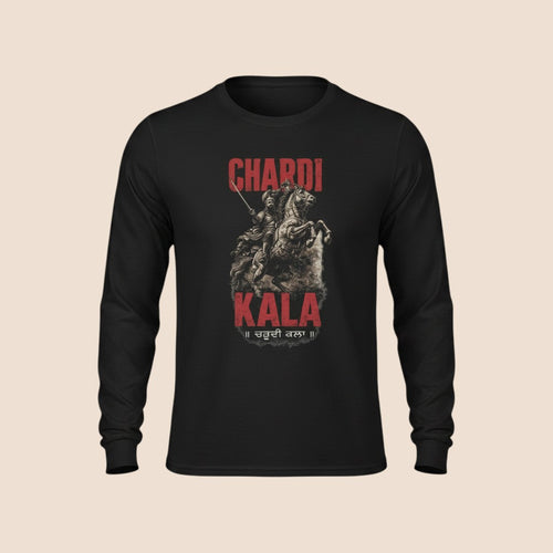 PUNJAB BOLDA black long sleeve cotton shirt featuring a graphic of a warrior on horseback and Chardi Kala text.