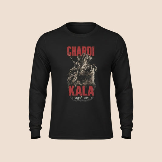 PUNJAB BOLDA black long sleeve cotton shirt featuring a graphic of a warrior on horseback and Chardi Kala text.
