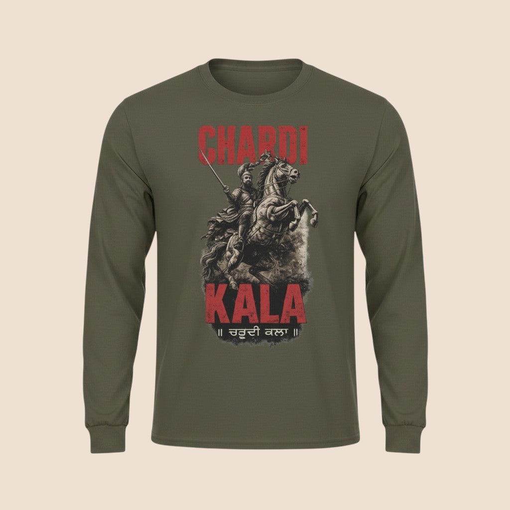 PUNJAB BOLDA olive green long sleeve cotton shirt featuring a graphic print of a warrior on horseback.
