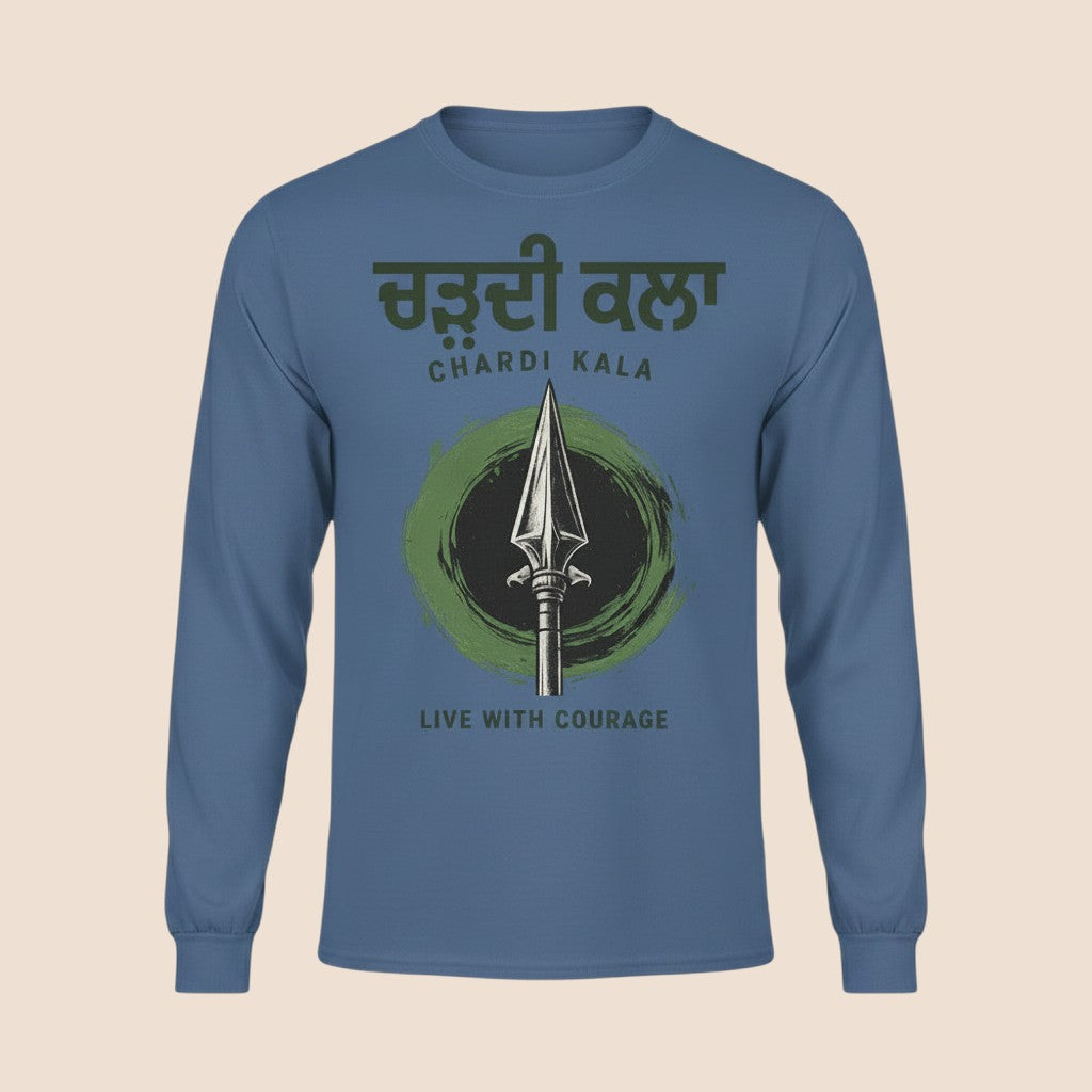 PUNJAB BOLDA blue long sleeve cotton shirt featuring a Chardi Kala spear graphic and Live With Courage text.