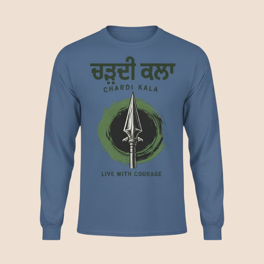 PUNJAB BOLDA blue long sleeve cotton shirt featuring a Chardi Kala spear graphic and Live With Courage text.
