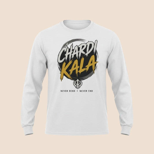 PUNJAB BOLDA white long sleeve cotton shirt with Chardi Kala graphic print and Khanda symbol on the chest.