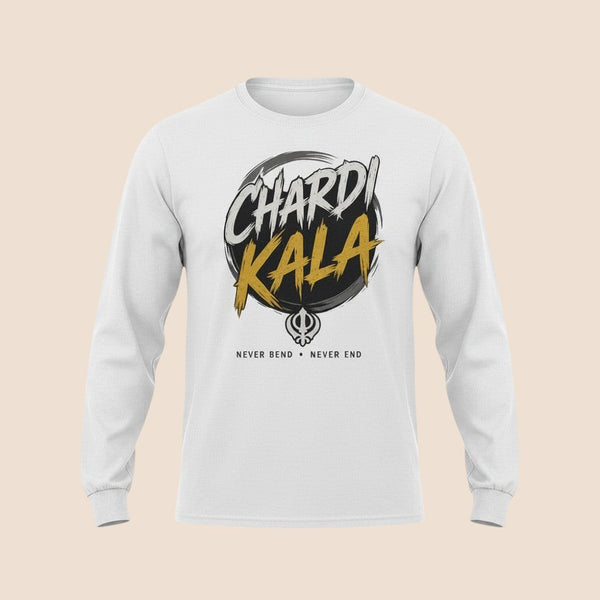 PUNJAB BOLDA white long sleeve cotton shirt with Chardi Kala graphic print and Khanda symbol on the chest.
