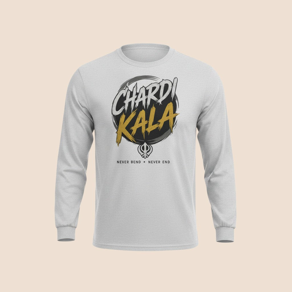 PUNJAB BOLDA Chardi Kala long sleeve cotton shirt in light grey with black and gold graphic print.