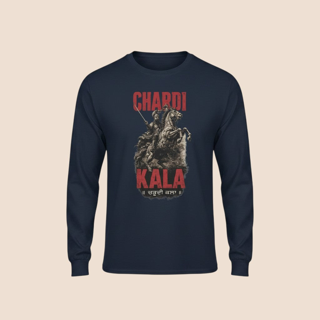 PUNJAB BOLDA navy blue cotton long sleeve shirt with Chardi Kala graphic print featuring a warrior on horseback.
