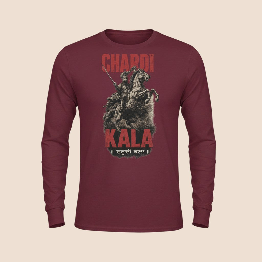 PUNJAB BOLDA maroon long sleeve cotton shirt featuring a graphic of a warrior on horseback with Chardi Kala text.