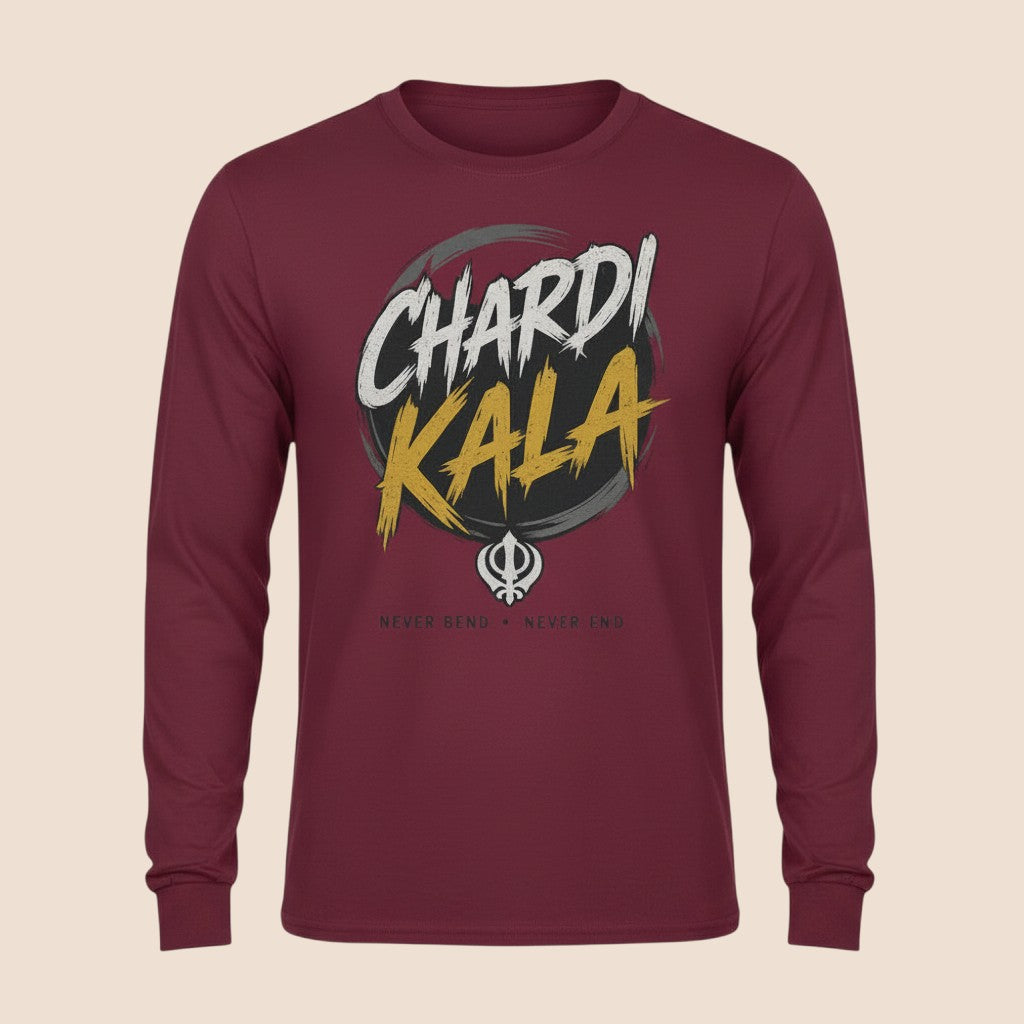PUNJAB BOLDA maroon long sleeve cotton shirt with Chardi Kala graphic print and Khanda symbol on the chest.
