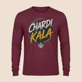 PUNJAB BOLDA maroon long sleeve cotton shirt with Chardi Kala graphic print and Khanda symbol on the chest.