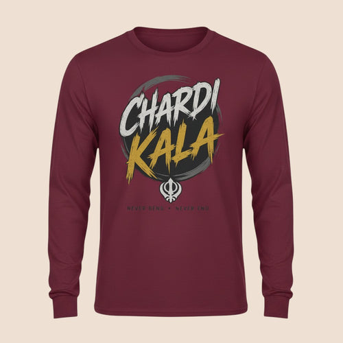 PUNJAB BOLDA maroon long sleeve cotton shirt with Chardi Kala graphic print and Khanda symbol on the chest.