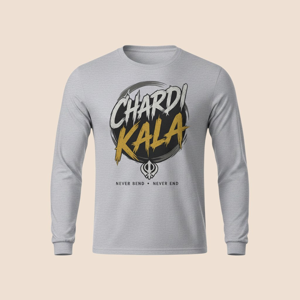 PUNJAB BOLDA grey long sleeve cotton shirt featuring Chardi Kala graphic print and Khanda symbol.