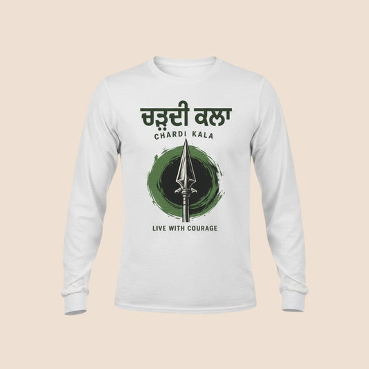 PUNJAB BOLDA white long sleeve cotton shirt with Chardi Kala spear graphic and Live With Courage text.