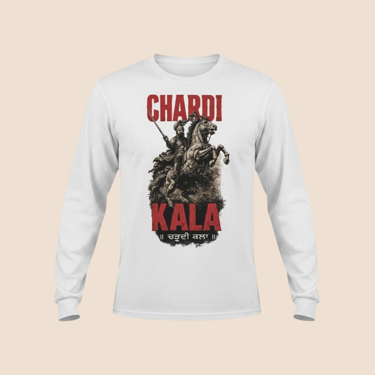 PUNJAB BOLDA white long sleeve cotton shirt featuring a graphic of a warrior on horseback with Chardi Kala text.
