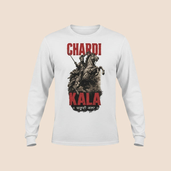 PUNJAB BOLDA white long sleeve cotton shirt featuring a graphic of a warrior on horseback with Chardi Kala text.