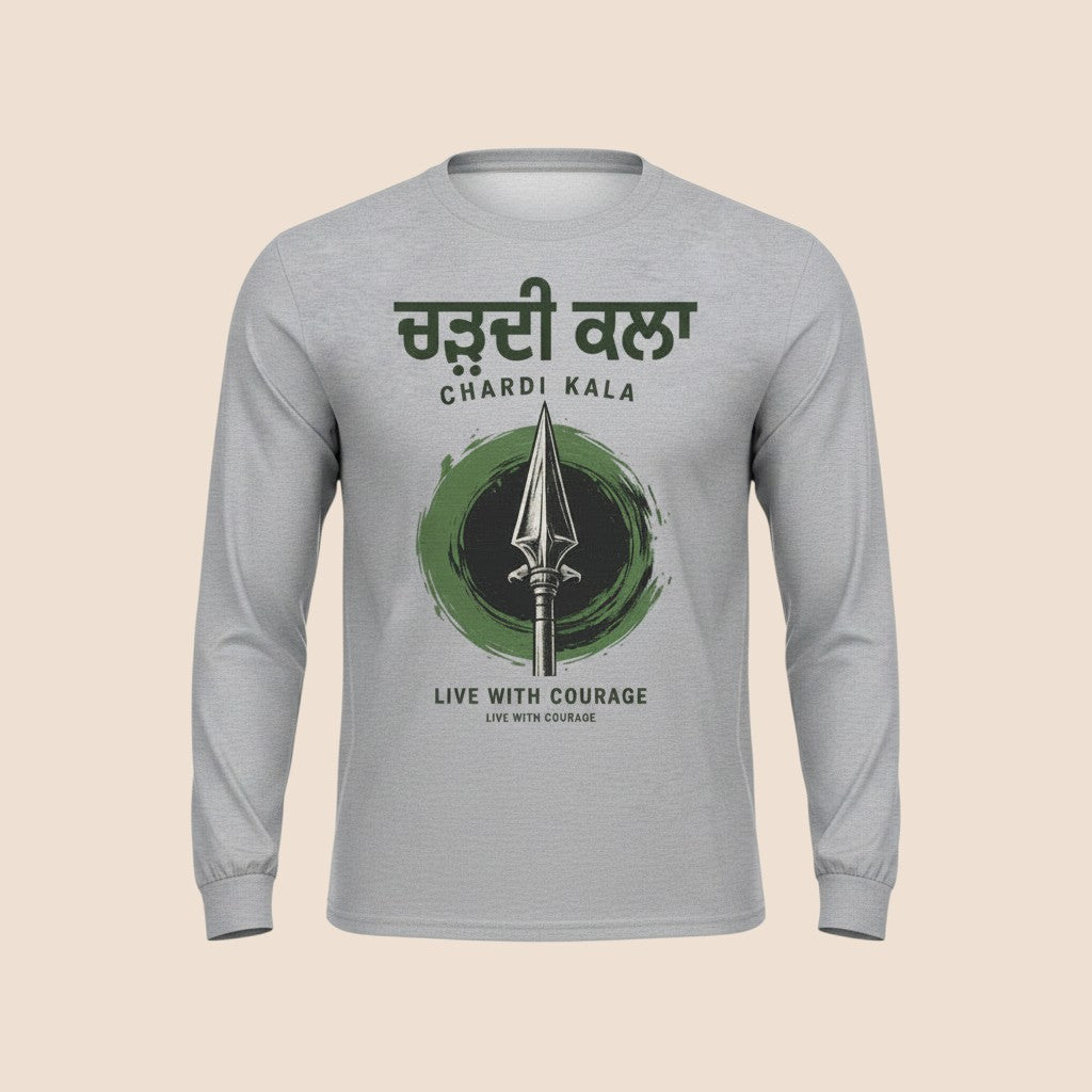 PUNJAB BOLDA grey long sleeve cotton shirt with Chardi Kala spear graphic and Live With Courage text.