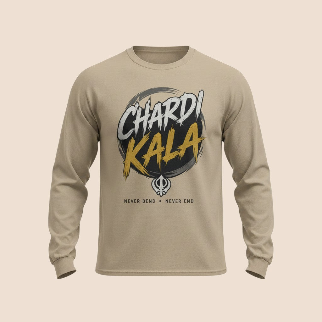 PUNJAB BOLDA tan long sleeve cotton shirt with Chardi Kala graphic print, rib cuffs, and crew neck design.