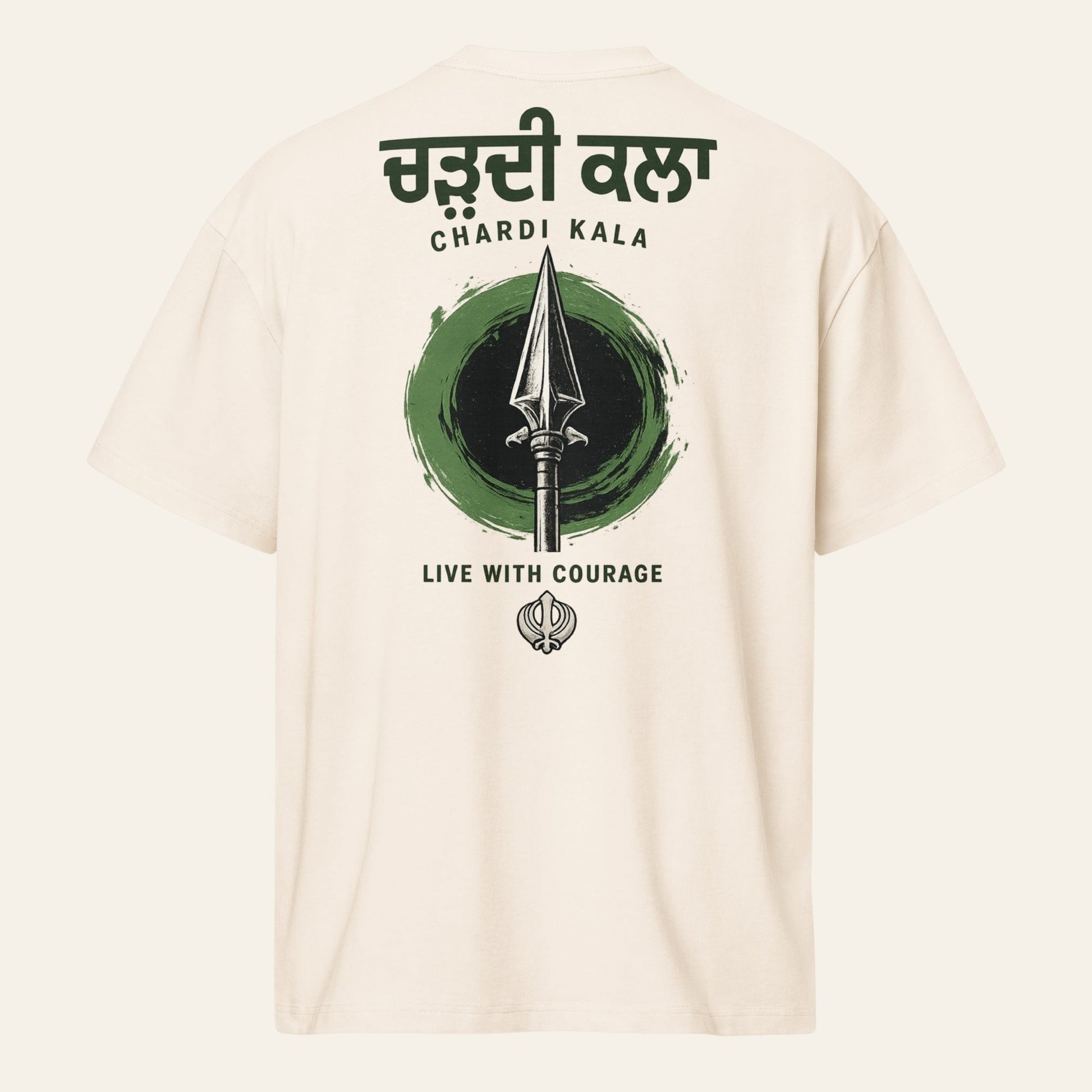 PUNJAB BOLDA cream oversized cotton box tee with Chardi Kala spear graphic print on the back