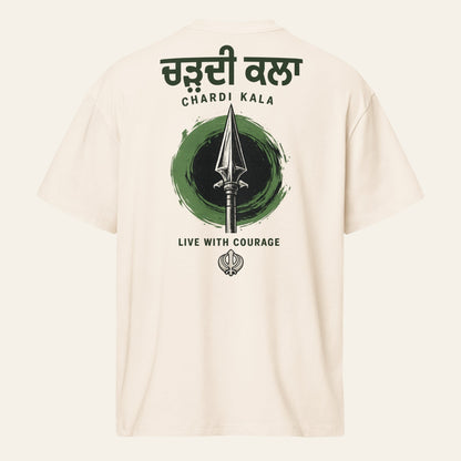 PUNJAB BOLDA cream oversized cotton box tee with Chardi Kala spear graphic print on the back
