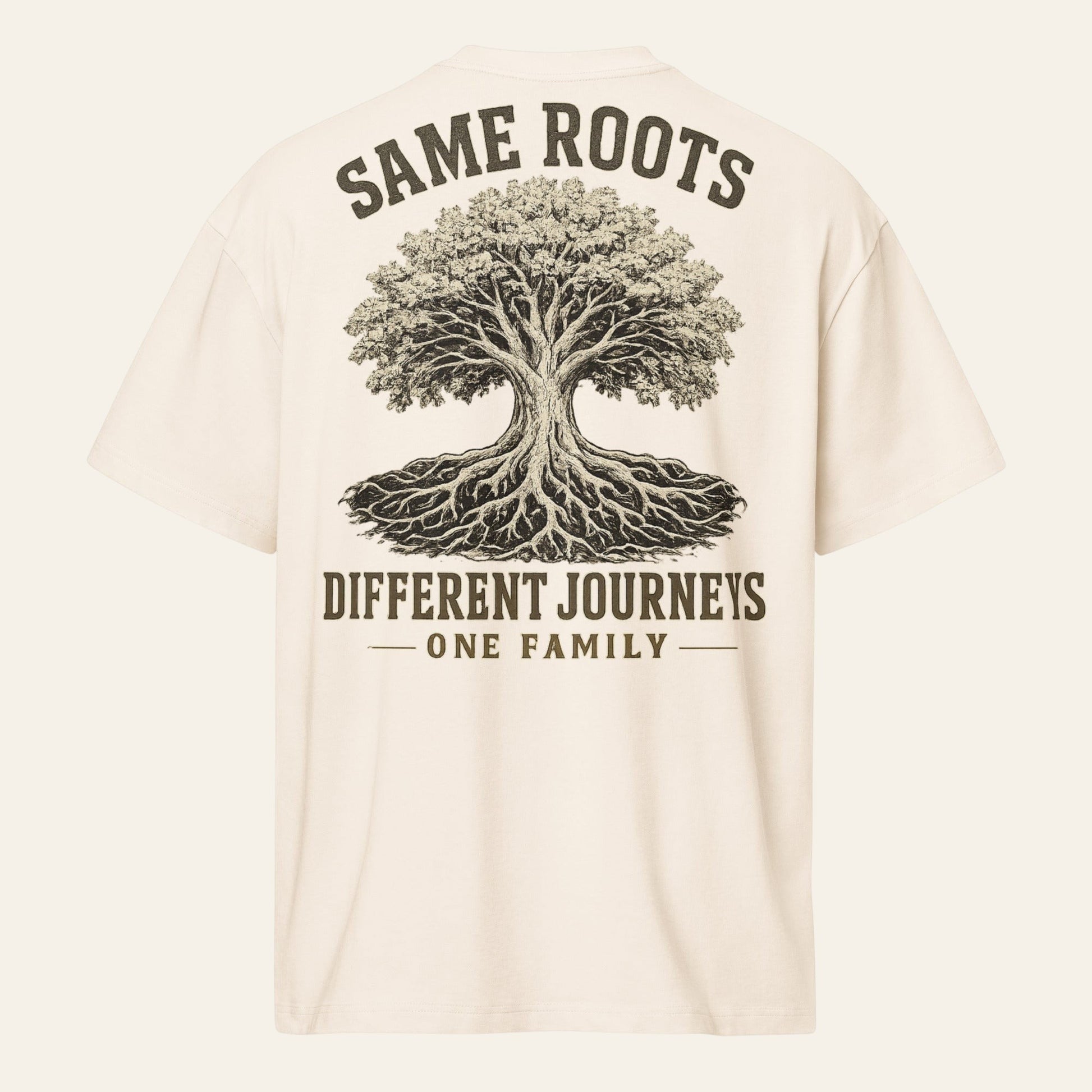 PUNJAB BOLDA cream oversized cotton box tee with Same Roots Different Journeys tree graphic on the back