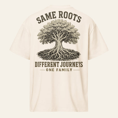 PUNJAB BOLDA cream oversized cotton box tee with Same Roots Different Journeys tree graphic on the back