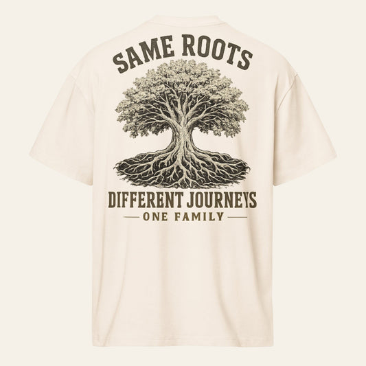 PUNJAB BOLDA cream oversized cotton box tee with Same Roots Different Journeys tree graphic on the back