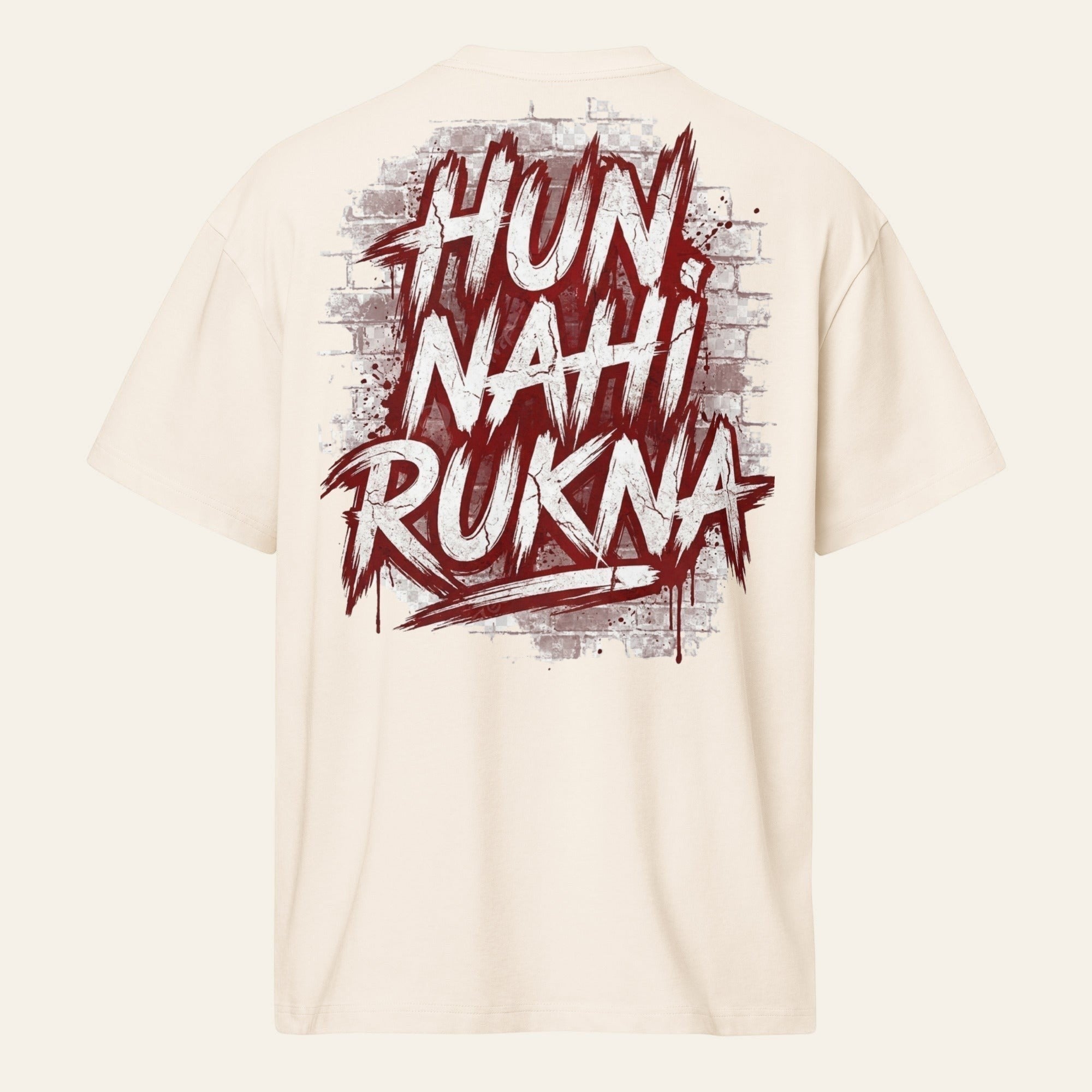 PUNJAB BOLDA cream oversized boxy tee with Hun Nahi Rukna graffiti graphic print on the back