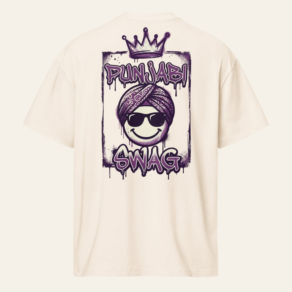 PUNJAB BOLDA boxy tee in cream cotton featuring a purple graffiti-style Punjabi Swag graphic on the back.