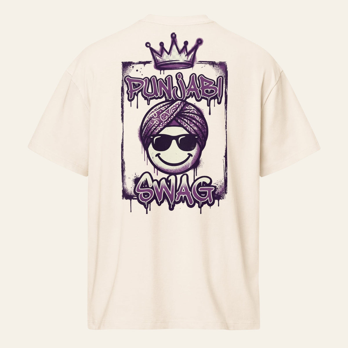 PUNJAB BOLDA boxy tee in cream cotton featuring a purple graffiti-style Punjabi Swag graphic on the back.