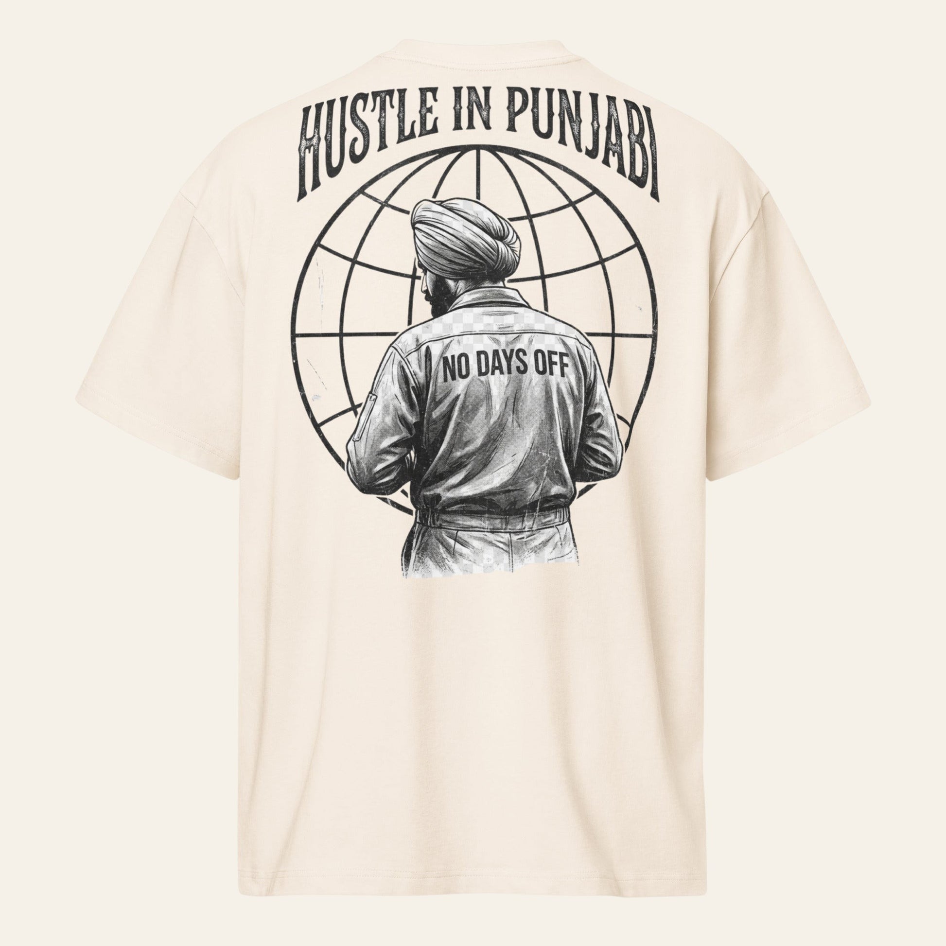 PUNJAB BOLDA cream oversized cotton box tee featuring a back graphic of a man in a turban with Hustle in Punjabi text.