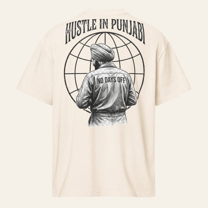 PUNJAB BOLDA cream oversized cotton box tee featuring a back graphic of a man in a turban with Hustle in Punjabi text.