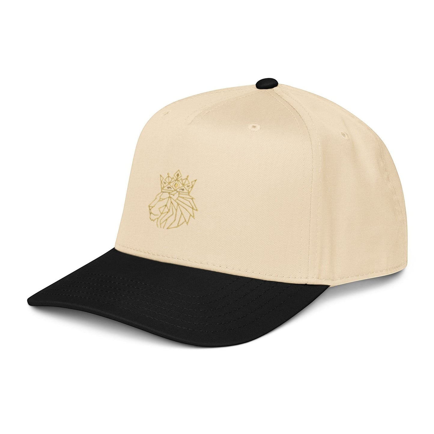PUNJAB BOLDA crowned lion 5 panel cap in beige and black with embroidered gold lion graphic. Polyester-cotton blend.