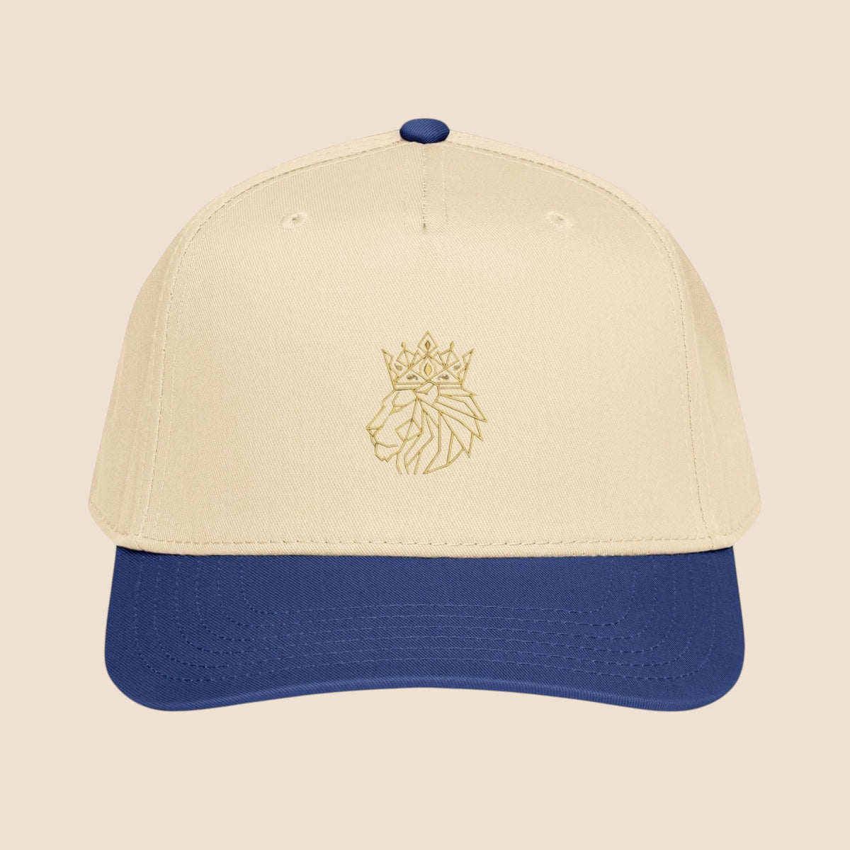 PUNJAB BOLDA beige and blue 5 panel cap with embroidered crowned lion logo on front panel. Polyester-cotton blend.