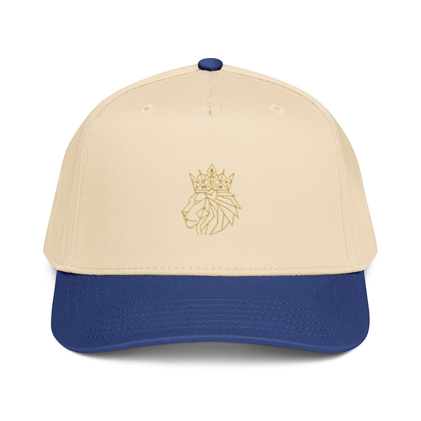 PUNJAB BOLDA beige and blue 5 panel cap with embroidered crowned lion logo on front panel. Polyester-cotton blend.